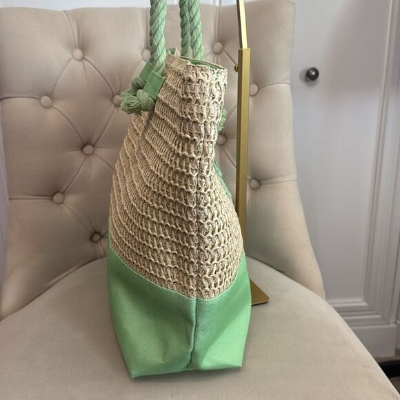 Green and Tan Raffia and Canvas Beach Tote - Picture 7 of 10